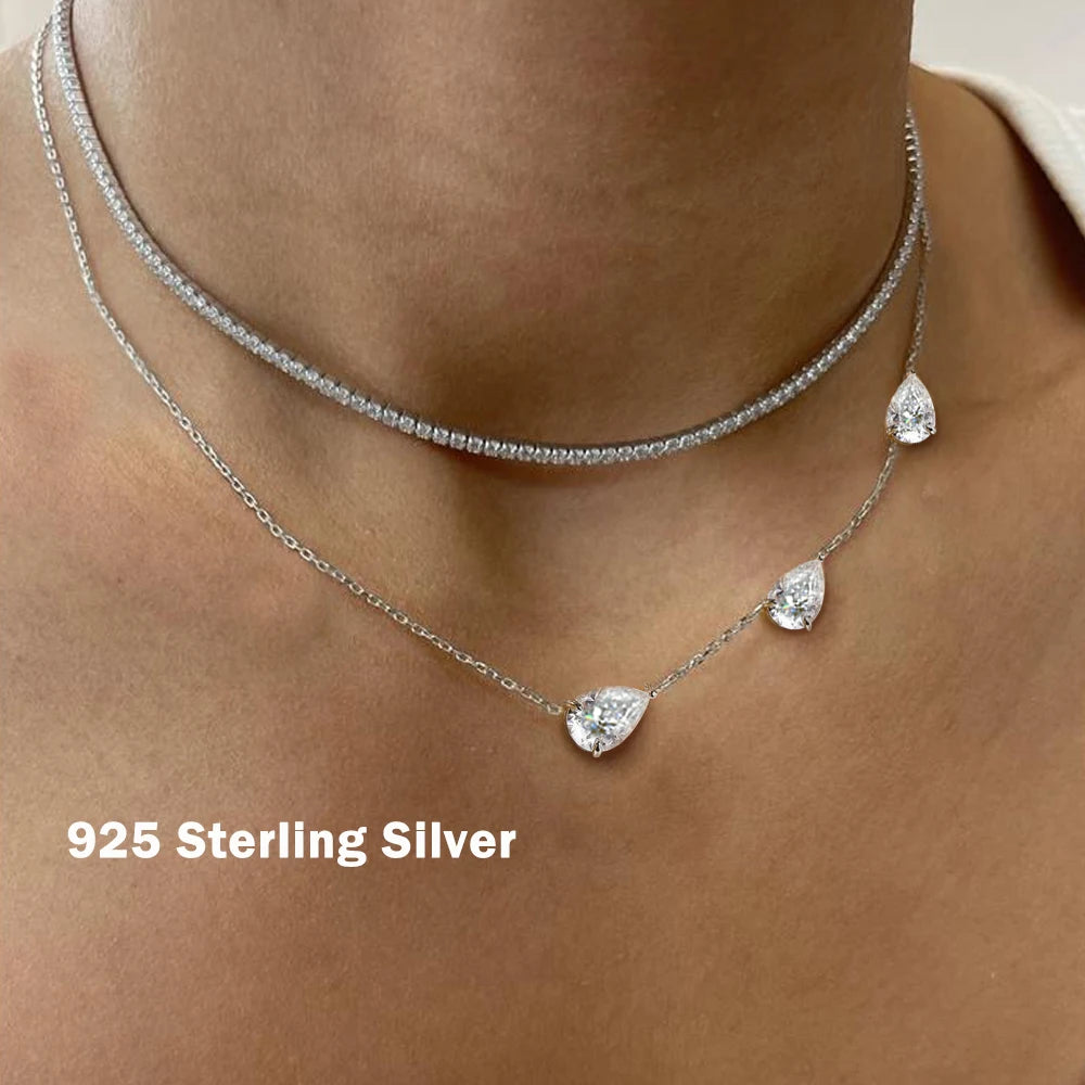 3-Stones Waterdrop Moissanite Pendant Necklace for Women 925 Silver 4-3-2Carat East West Pear Cut Diamond Neckchain Fine Jewelry