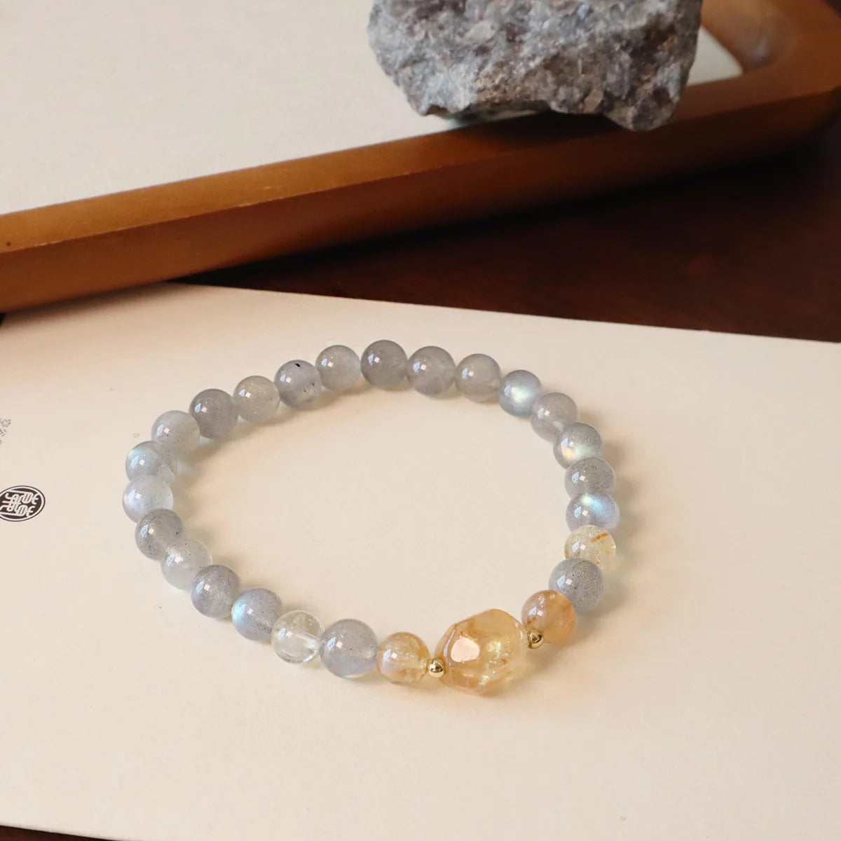 6MM Gray Moonstone Bracelet with Citrine&Strawberry Quartz, Freshwater Pearl Beaded Elastic Jewelry, Boho Healing Gift for Women